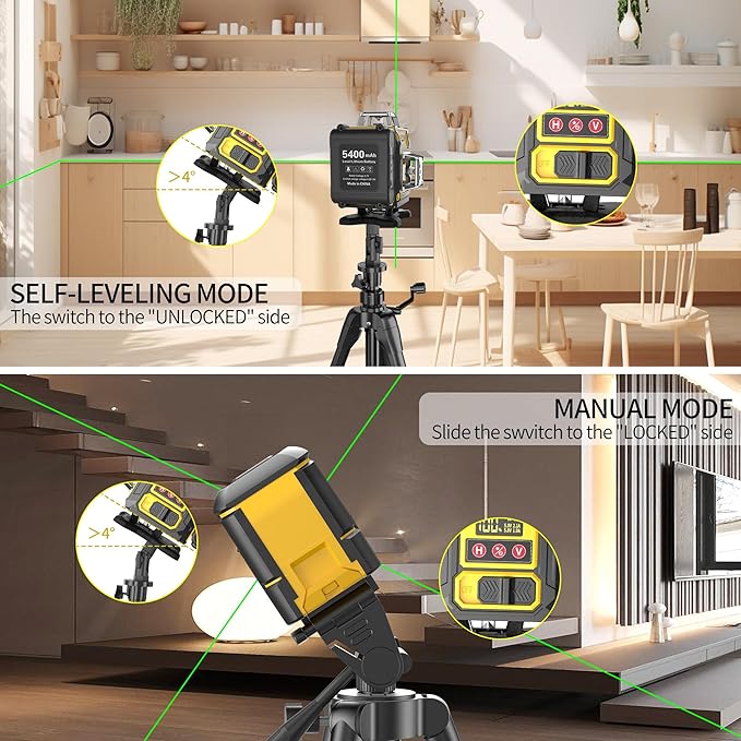 Laser Level 360 Self Leveling with Tripod, 200ft/60m working distance with vertical and horizontal lines, self-leveling mode&IP54 waterproof set