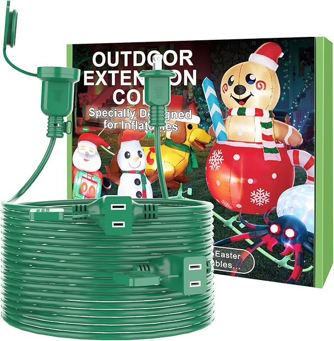 25FT Long Green Extension Cord 3 Outlets for Christmas Inflatables Blow Ups Yard Outdoor Outside Decorations Extension Cords with Multiple Outlets Plugs Cover Splitter Waterproof for Christmas Lights