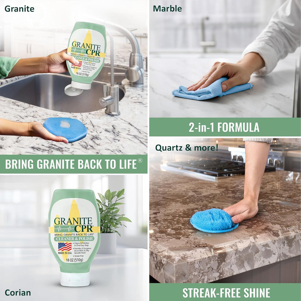 Granite CPR Cleaner & Polish Can Be Used Daily On Granite, Marble, Quartz & Corian. Leaves A Gorgeous Streak-Free Shine & Silky Smooth Finish. Cleans & Polishes All Stone Countertops In One Easy Step.