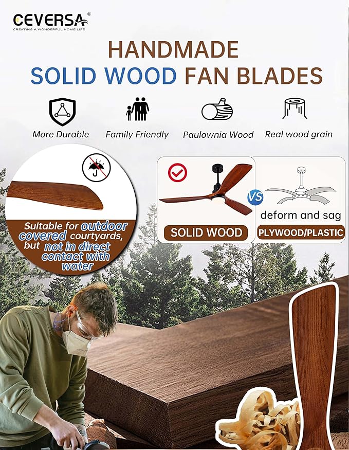 60 Inch Ceiling fans with Lights and Remote,Wood Outdoor Ceiling Fan for Patios with Dimmable LED Light,3 Blades Walnut,Noiseless Reversible DC Motor,Modern Memory Fan for Indoor,Farmhouse