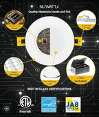 NUWATT 6 Pack, 6 Inch Ultra-Thin LED Recessed Lighting, CCT 2700K/3000K/3500K/4000K/5000K Selectable, 1050LM, 15W, Dimmable, IC Rated, Wet Rated, White Trim Canless Slim Wafer Light with Junction Box