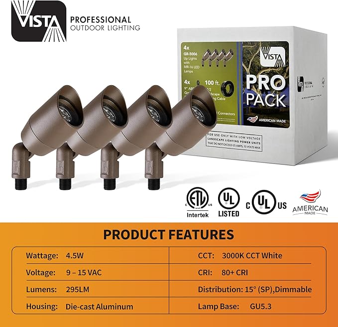 VISTA 4 Pack Cast Aluminum Landscape Spotlights, Low Voltage Landscape Lighting, 100FT 14/2 Landscape Wire, Spot Lights Outdoor with 4.5W MR16 LED Bulb for Yard, Garden, Lawn, Tree (Bronze)