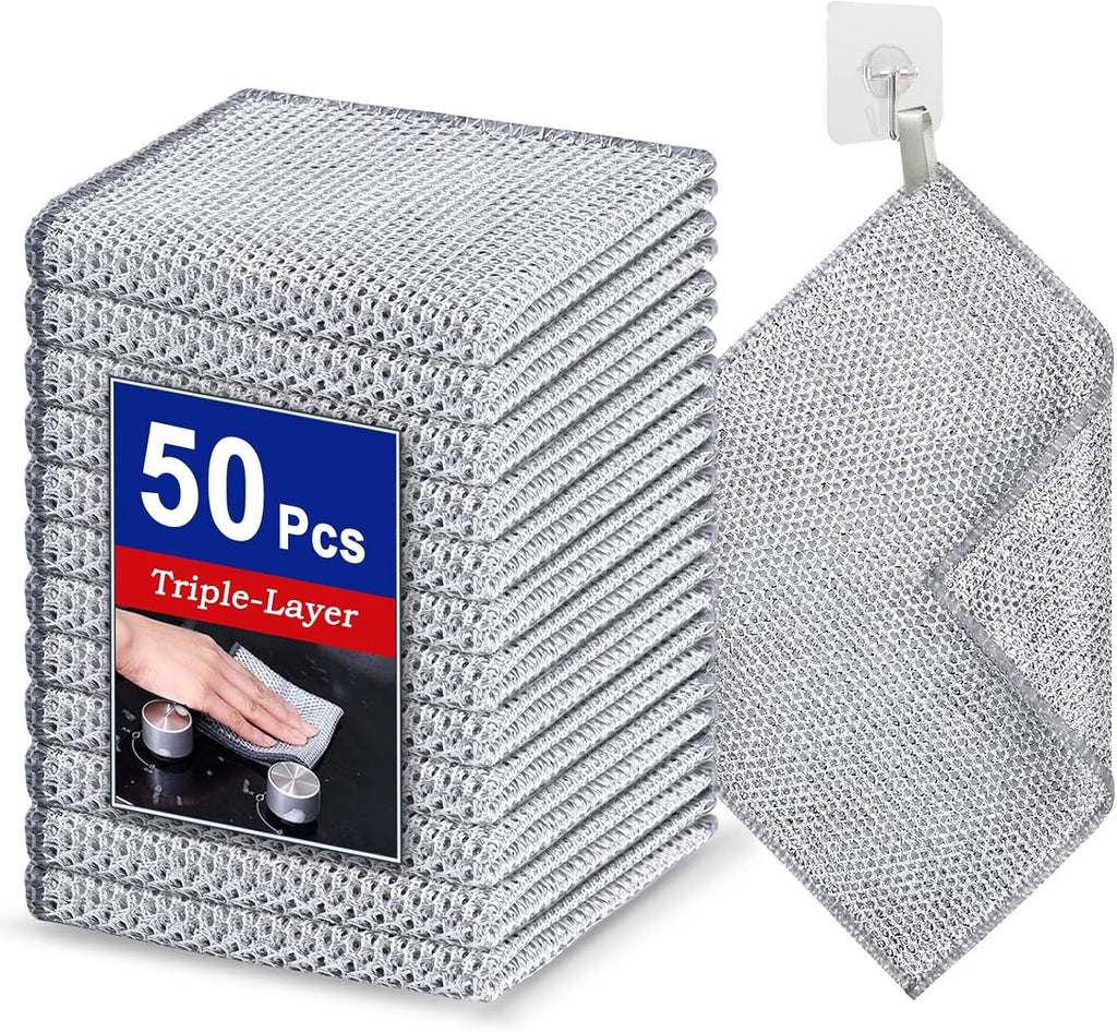 50 PCS 3-Layer Non-Scratch Multipurpose Steel Wire Dishcloths - Reusable Quick-Dry Odor-Free Scrub Cloths for Dishes, Kitchen Cleaning Cloths for Cookware, Sinks, Stove Tops(7.87X7.87)