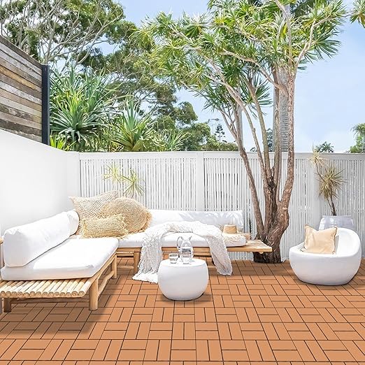 Goovilla Plastic Interlocking Deck Tiles, 9 Pack Outdoor Patio Flooring, 12"x12" Interlocking Decking Tile Outdoor All Weather Use, Waterproof Patio Pavers for Pool Balcony Backyard Porch, Khaki