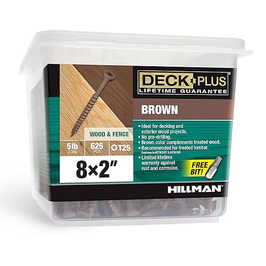 Deck Plus 2 Inch Epoxy Coated Exterior Wood and Fence Screws #8 x 2 Torx/Star Drive Included Coarse Thread, Outdoor Rust Resistant Decking Screw, Brown, 5lb Box, 625 Pieces | 49005