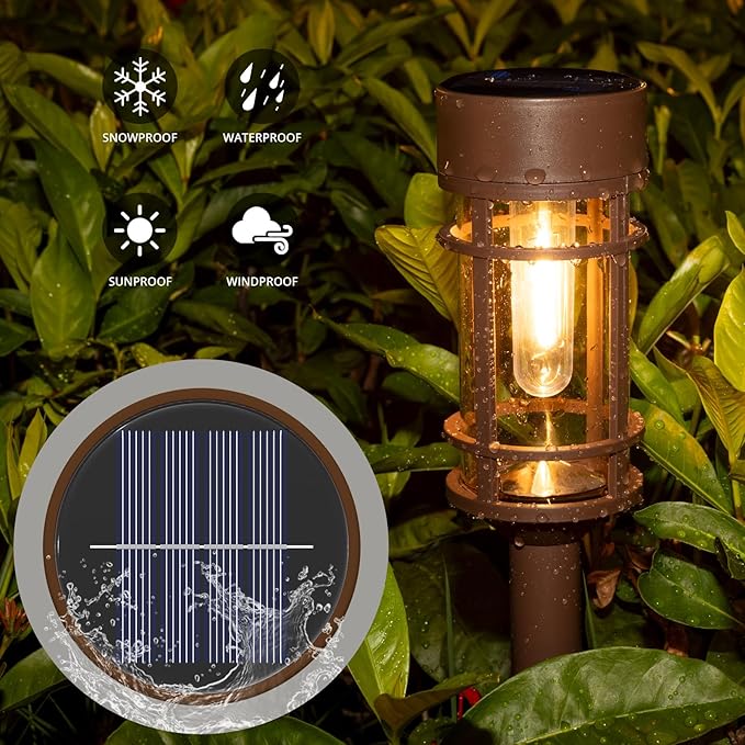 Solar Pathway Lights Outdoor Solar Lights 8 Pack Metal & Glass Design - Waterproof Auto On/Off Bright Long-Lasting Garden Landscape Lighting Walkway Driveway