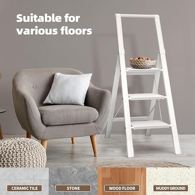 HillhutApex 3 Step Foldable Aluminum Step Ladder with Handgrip, Anti-Slip Pedal, 330 lbs Capacity, Lightweight & Portable for Home, Kitchen, Office, Garage (White)