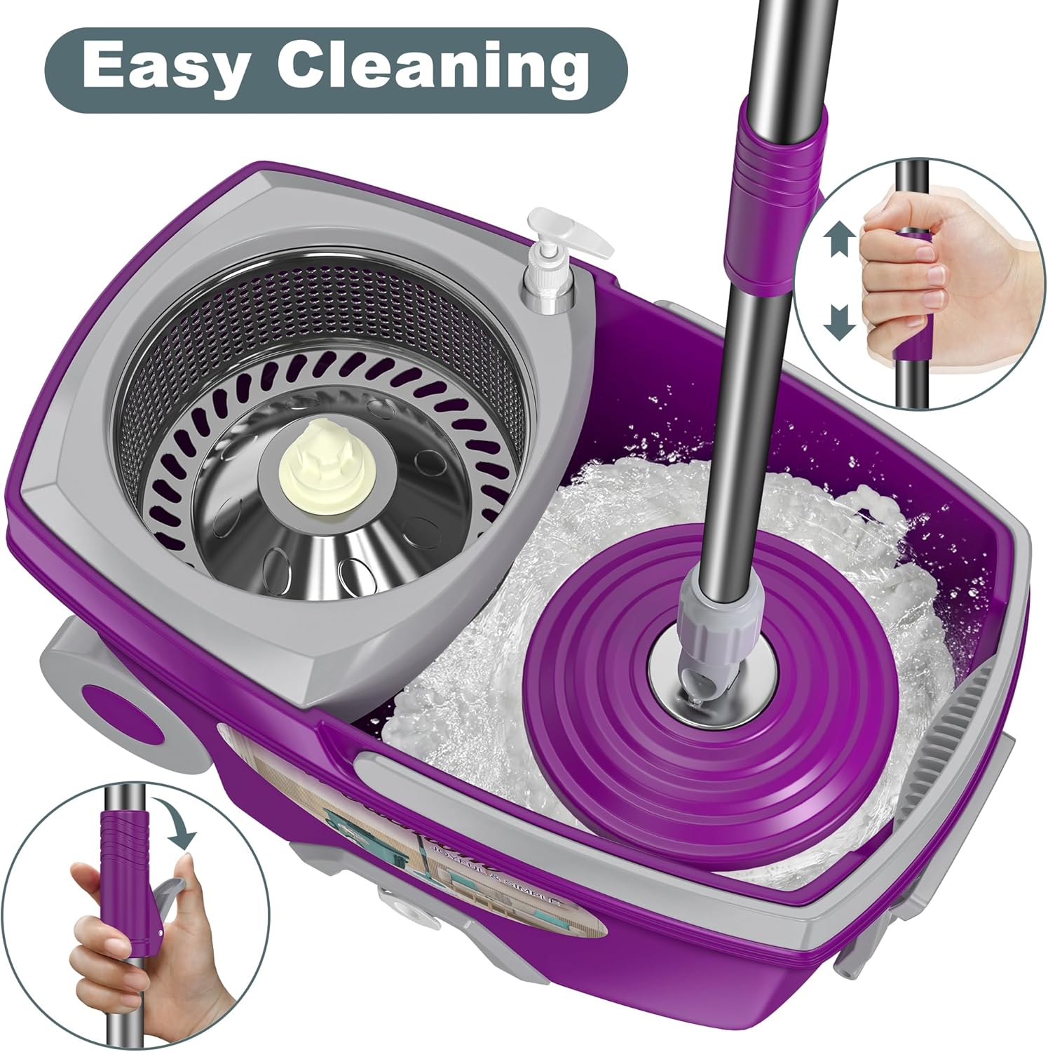 Dual Compartment Spin Mop and Bucket, Mop and Bucket with Wringer Set,360°Rotating Spinning Mopping for Floor Cleaning with 6 Microfiber Replacement Heads, 61" Extended Handle, 2X Wheel