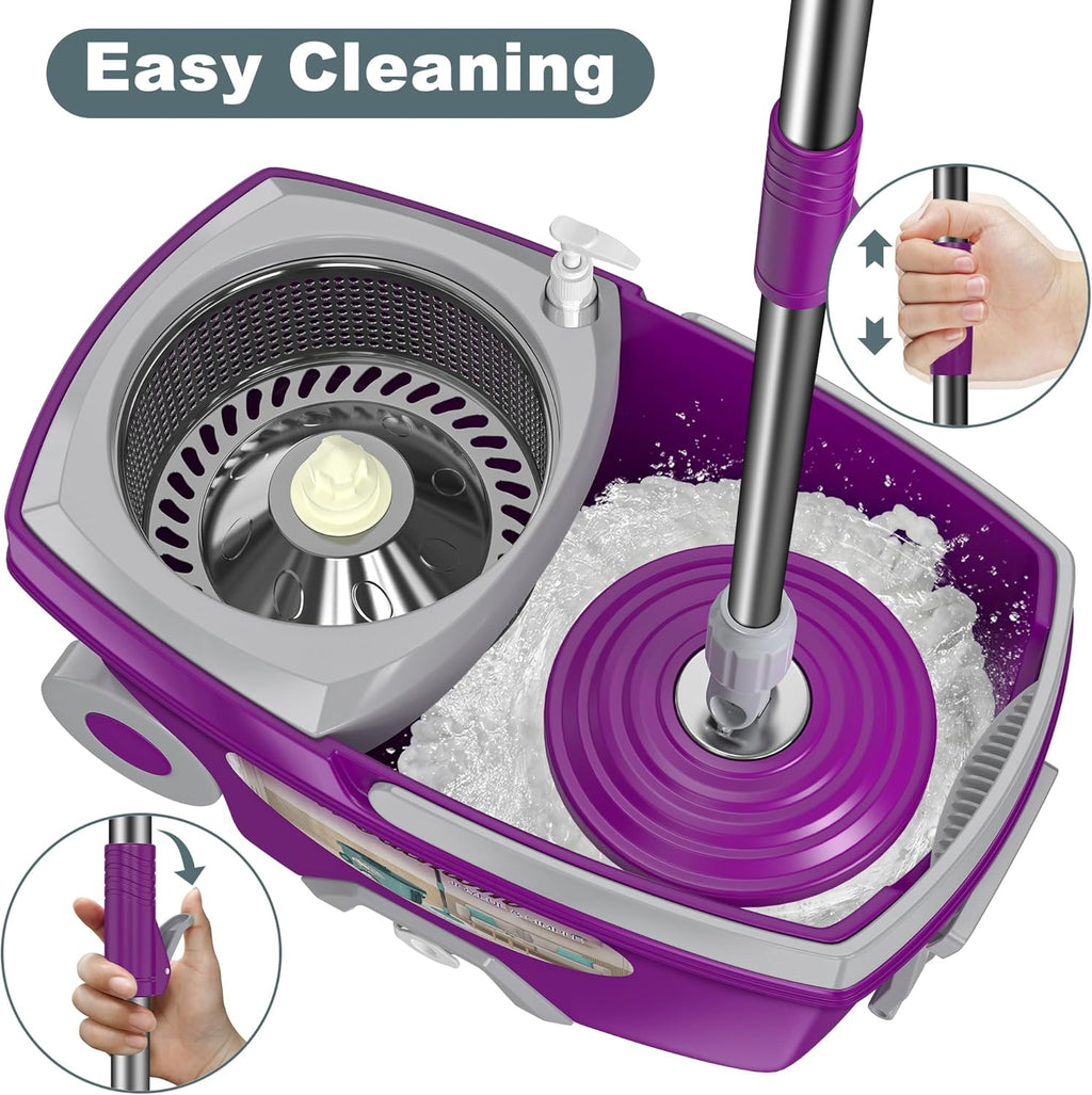 Dual Compartment Spin Mop and Bucket, Mop and Bucket with Wringer Set,360°Rotating Spinning Mopping for Floor Cleaning with 3 Microfiber Replacement Heads, 61" Extended Handle, 2X Wheel