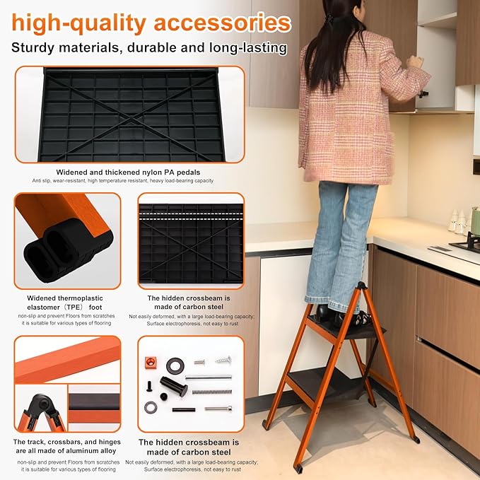 2 Step Ladder,Aluminum Ultra Thin Folding Step Stool,400 Lbs Capacity Heavy Duty with Anti-Slip Sturdy and Wide Tread,Closet Slim Step for Home,Kitchen and Office,Space Saving (Orange, 2-Step)