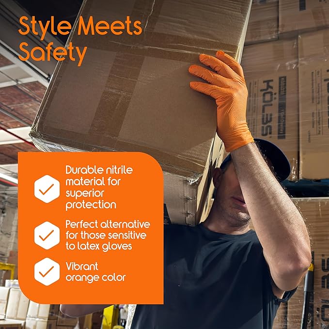 Inspire Heavy Duty Orange Nitrile Disposable Gloves | ULTRA 8 Mil Diamond Textured Grip | Industrial Mechanic Food