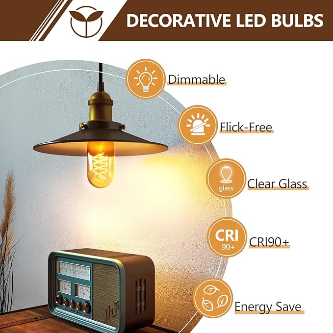 E26 LED Bulbs， 4W Equivalent 40 watt,Vintage Edison Bulbs, Warm White 2700K Amber E26 Edison Bulbs dimmable, Tubular T45 LED Light Bulb, AC120V, 400lm, CR90+,Gold Glass, Pack of 4
