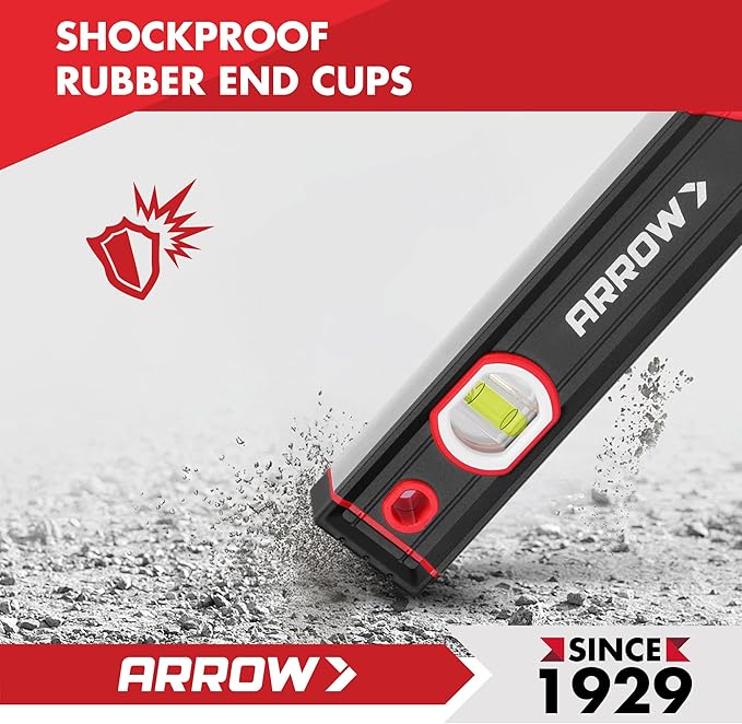 ARROW 16-Inch Level, Magnetic Torpedo Level with 45°/90°/180° Bubbles, Aluminum Alloy Body, Precision-Machined Base, Shockproof Rubber End Caps, V-Groove & Hanging Hole for Construction, Carpentry