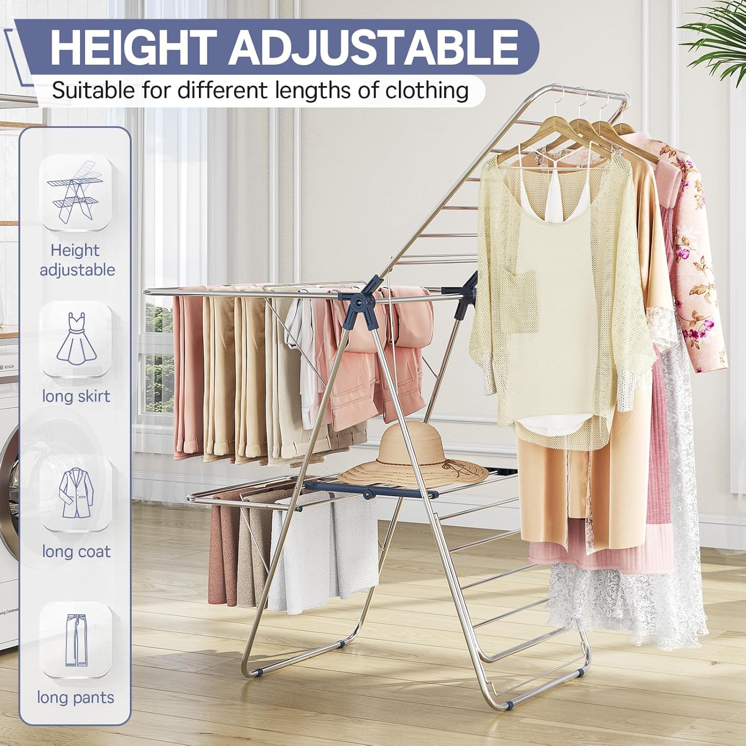 APEXCHASER Clothes Drying Rack with 4 Wings, Drying Rack Clothing with Height-Adjustable, Foldable Gullwings Laundry Drying Rack, Indoor Outdoor Use, No Assembly, Blue