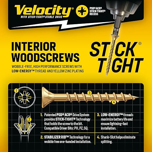 Velocity Interior 1 1/2 Inch Wood Screws DIY Pack (Size #10, 90 Pcs) – Zinc and Yellow Coating, Stick-Tight Technology, Screw for Wood Working with PSD ACR Driver Bit
