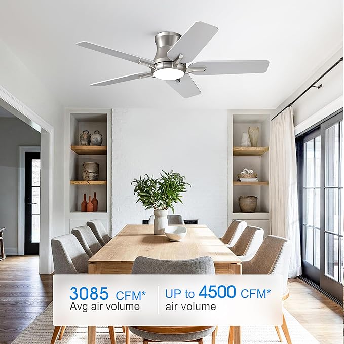 42 Inch Ceiling Fans with Lights and Remote, Brushed Nickel Flush Mount Low Profile Ceiling Fan for Bedroom, Living Room, Patio, Dimmable 6 Speeds Noiseless Reversible, ETL Listed
