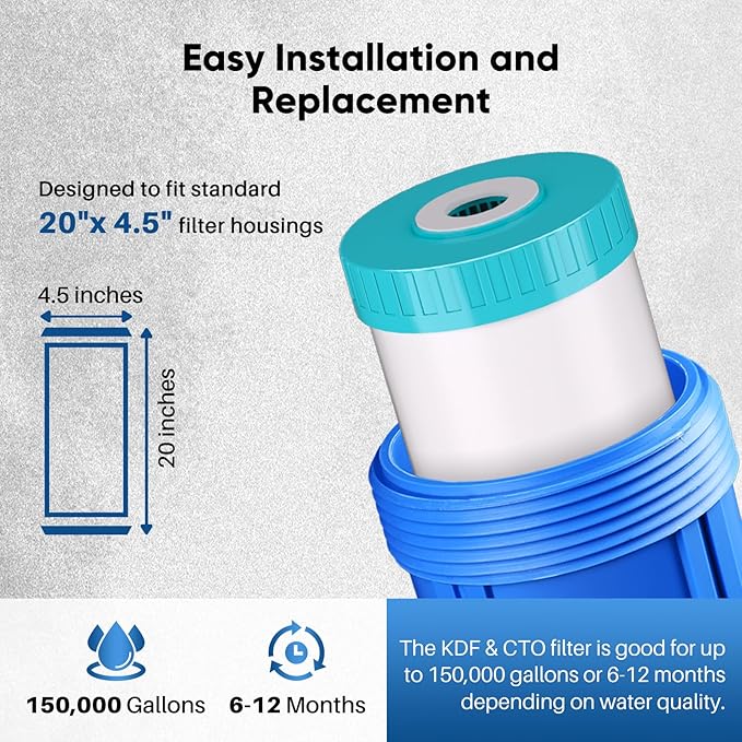 PUREPLUS 5 Micron 20" x 4.5" Whole House KDF/GAC Water Filter, Heavy Metal Removal Replacement Water Filter, RFN20BB-CKDF, 1PACK