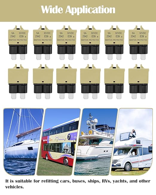 Standard Blade Car Fuse 5A Resettable Automotive Fuse ATC ATO Manual Reset Fuses Manual-Reset Blade Circuit Breaker for Boat Truck SUV Motorcycle 32VDC Fuses Assortment Kit