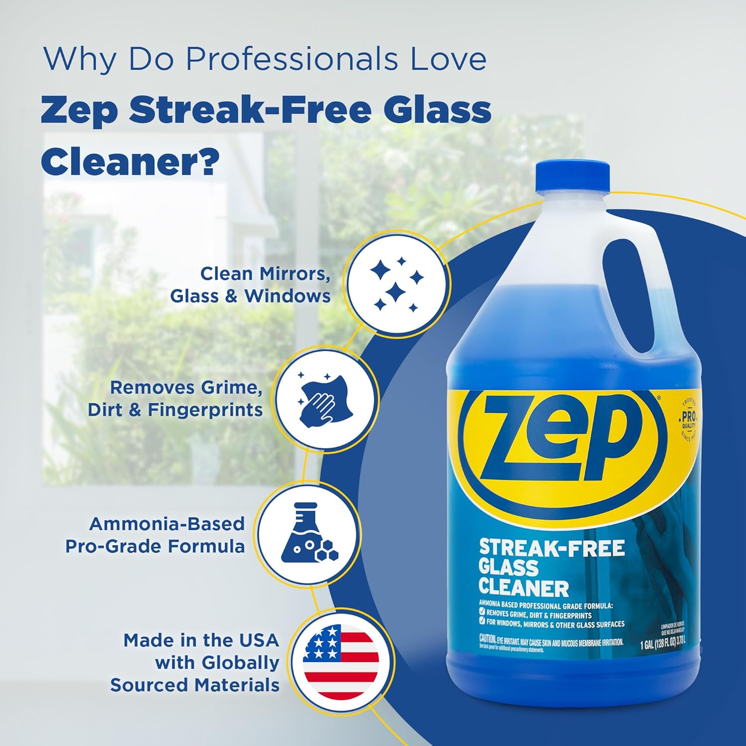 Zep Streak-Free Glass Cleaner - 1 Gallon (Case of 4) ZU1120128 - Professional Grade Formula that Cleans Dirt, Fingerprints, Grime, Smoke Haze, and Toothpaste on Windows, Mirrors, and Other Glass