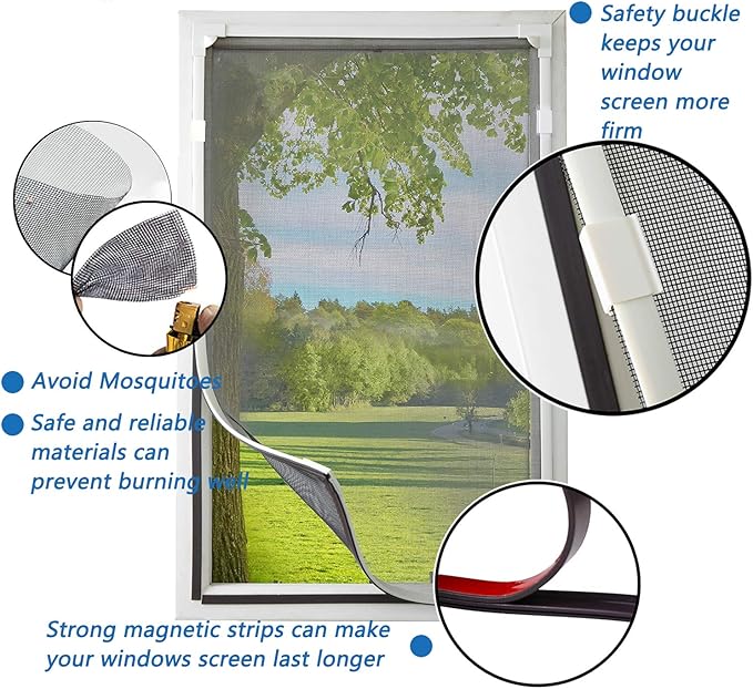 DIY Magnetic Window Screen Replacement Adjustable Mesh Screen 55"H*36"W with Magnets Fits Any Size White Frames with Grey Fiberglass Screen