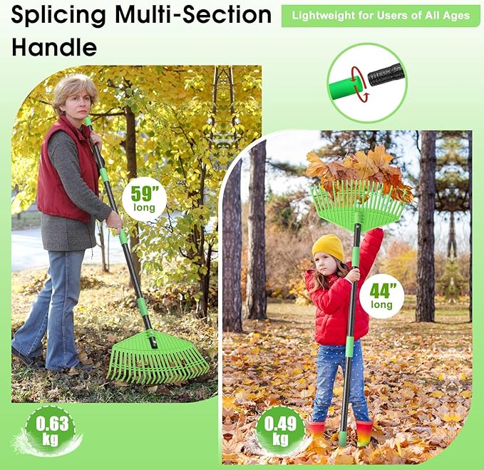 Garden Leaf Rake,16.5” Wide Plastic Leaf Rake for Lawn with 30” Long Handle, Plastic Yard Raking Tools for Lawn Turf Leaves Grass Thatch Debris Pine Needle Cleanup, Lightweight for Kids