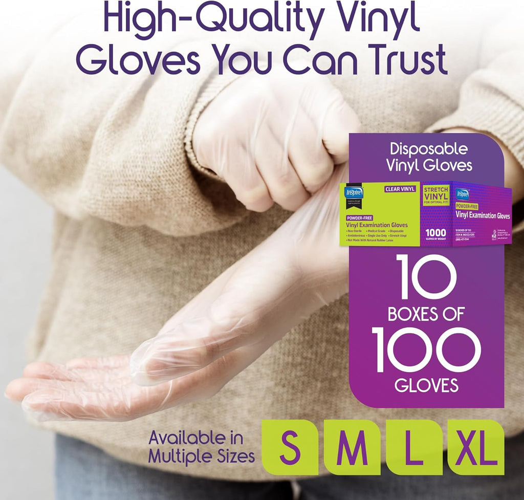 Inspire Exam Medical Clear Vinyl Disposable Gloves - Latex Free for Cleaning, Food Prep