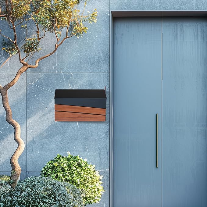 Wall Mount Mailboxes, Morden Mailbox for House, Metal Outside Mailbox with Walnut Wood Panel, Large Capacity Galvanized Steel Post Box with Flag (No Keys Locking)