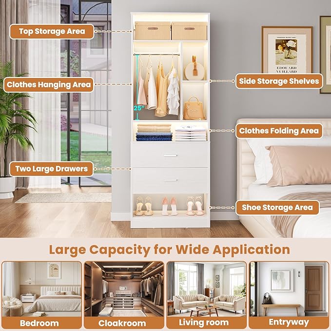 8FT Closet System with 8 Wood Drawers, 96" Closet Organizer System with 20+ Small Shelves & 2 Hanging Rods, Walk-in/Nursery Closet Systems, Set of 4, White (96" L x 15" W x 80" H)