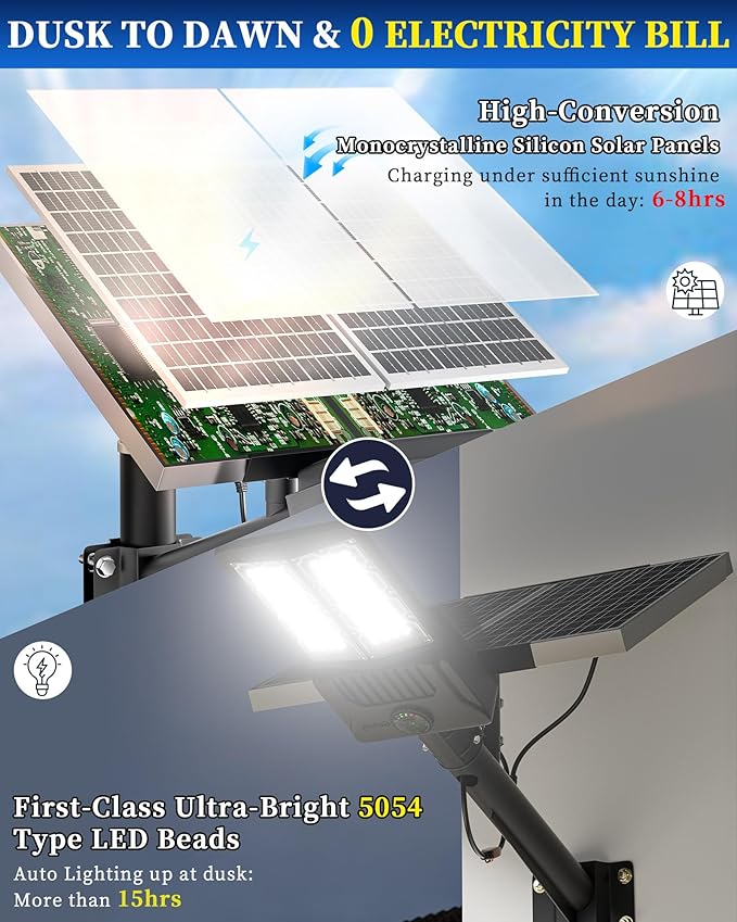 Gefolly SL-10000W Solar Street Lights Outdoor, 600000LM Commercial Parking Lot Light Dusk to Dawn IP67 Waterproof 6500K Security Flood Lights with Motion Sensor Lamp for Yard, Road