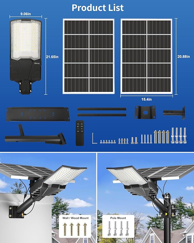 Ofuray OL-18000W Solar Street Lights Outdoor,60,000Mah High Power Solar Security Flood Lights Parking Lot Lights Commercial Dusk to Dawn,IP67 6500k Led with Remote for Street,Court,Barn