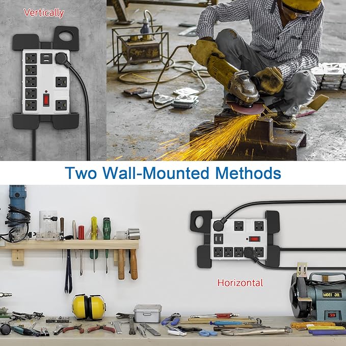 CCCEI Heavy Duty Power Strip with USB, Workshop 8 Outlet Surge Protector 2700 Joules, Industrial Metal 15Amp Power Strip, 20 FT Extension Cord and Wide Spaced Grey.