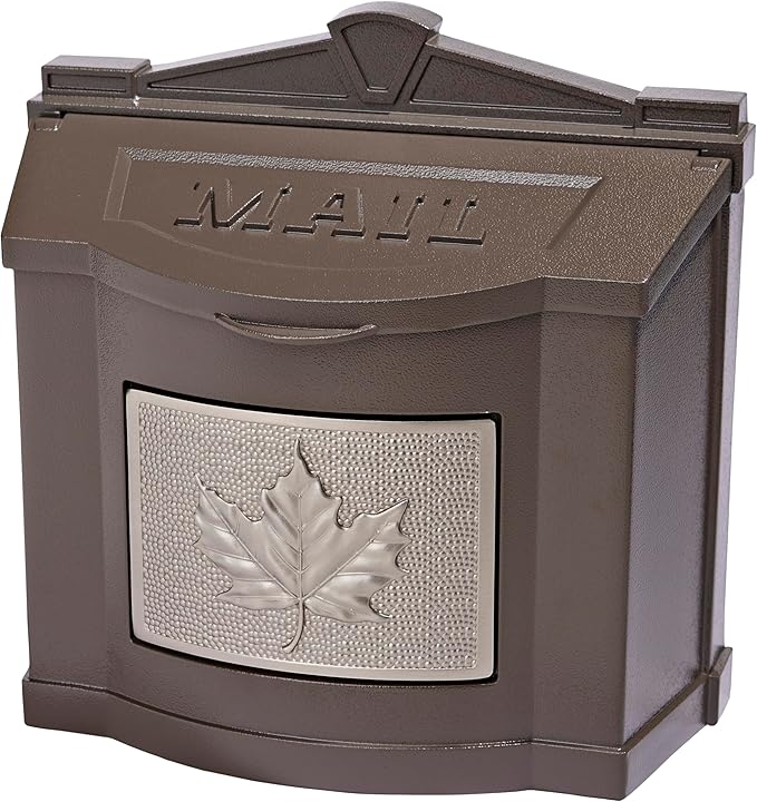 Gaines Wallmount Mailbox - Powder Coated Aluminum with Solid Brass Accents - Mounting Hardware Included (Bronze with Satin Nickel Leaf)