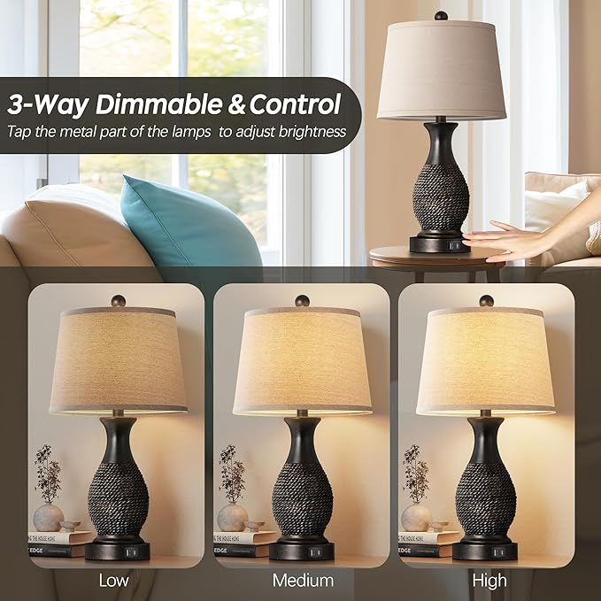 PARTPHONER Table Lamps Set of 2, Bedside Touch Lamp with USB C+A Charging Ports, Side Table Lamp with Linen Fabric Shade (LED Bulbs Included), Black with Gold Accents