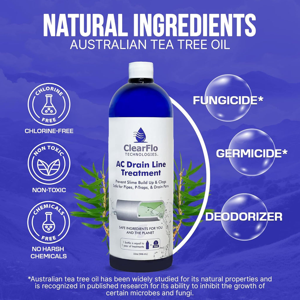 AC Drain Line Treatment 32 oz | Up to 1 Year Supply | Chlorine Free Non Toxic Formula with Natural Tea Tree Oil | Simple 3 Ingredient Solution | Safe for Homes and Institutions