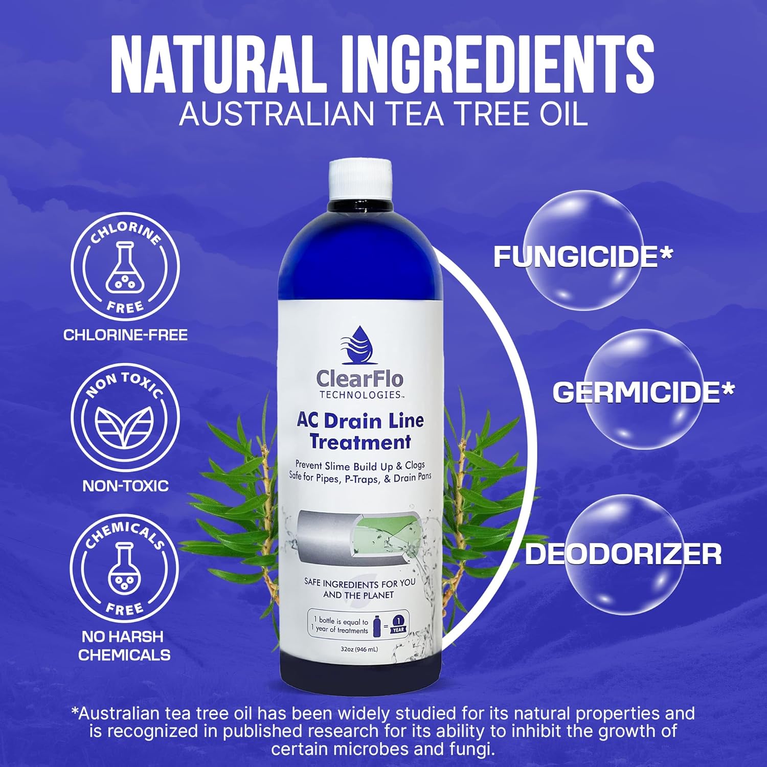 AC Drain Line Treatment 32 oz | Up to 1 Year Supply | Chlorine Free Non Toxic Formula with Natural Tea Tree Oil | Simple 3 Ingredient Solution | Safe for Homes and Institutions