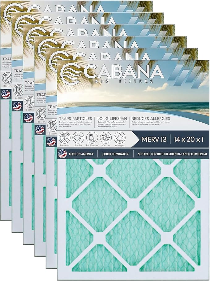 Cabana Filters 6-Pack 14x20x1 MERV 13 AC Furnace Air Filter for Home and Office - Indoor HVAC System Filtration Replacement, Captures Unwanted Particles