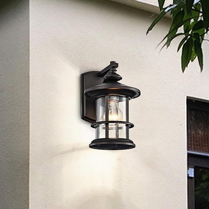 MICSIU Oil Rubbed Bronze Outdoor Light Fixture Wall Mount, Clear Seedy Glass Exterior Wall Mounted Light Fixture, 10" Exterior Lights for House, Front Porch, Patio, Backyard