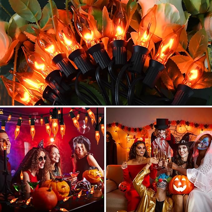 27.8Ft Fall Decor Flickering Flame String Lights Orange Halloween Lights with 25+2 Pack C7 Orange Flame Light Bulbs, Flame String Lights for Fall Halloween Decorations for Home Mantel Party Garden