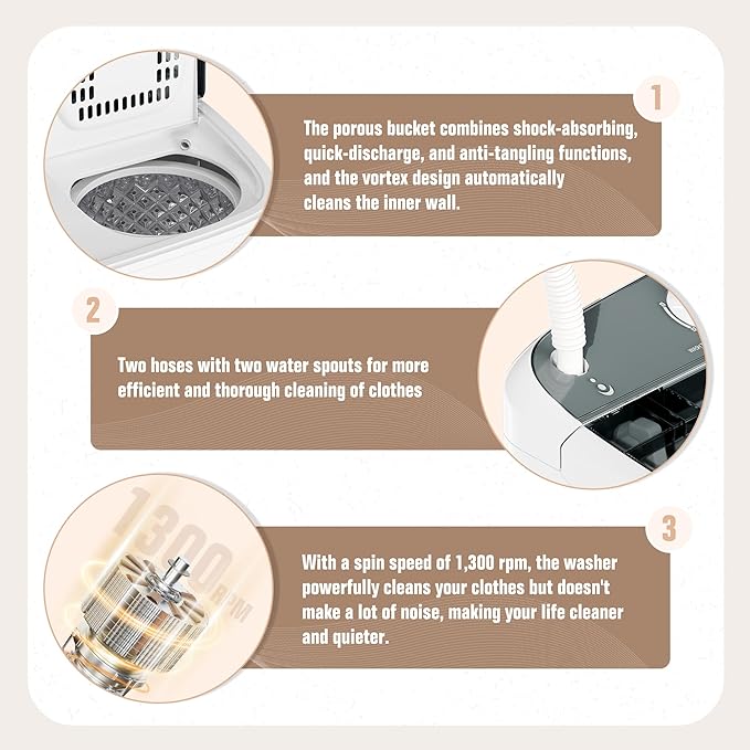 Bonusall Portable Washing Machine， 16 lbs Mini Washer and Spin Dryer Combo, Built-in Gravity Drain,Compact Laundry Washer with Drain Pump & Timer Control for Apartments, Dorms, RVs-Gray