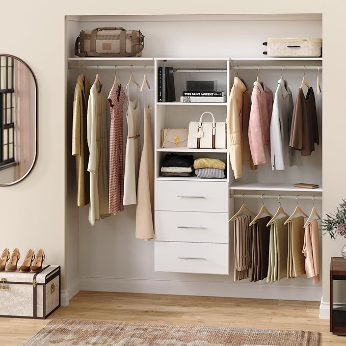 ClosetMaid SuiteSymphony Modern Hanging Closet Kit Includes (1) Tower, (3) Closet Rods, (4) Shelves, (3) Top Shelves w/Brackets, and (3) Drawer, White