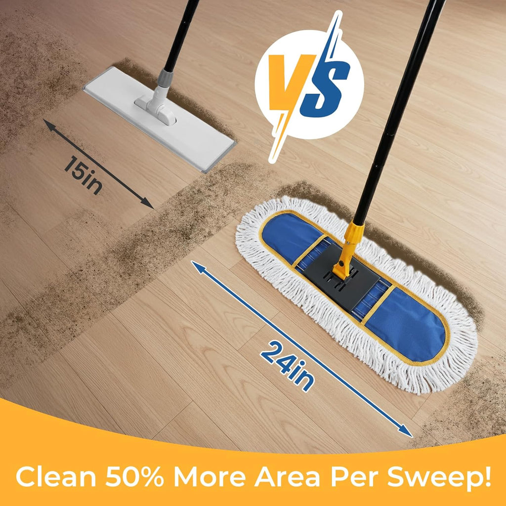 24" Dust Mop for Hardwood Floors and Large Areas - with 2 Cotton Pads, Wet and Dry Mop for Daily Cleaning in Homes, Garages and Commercial Spaces