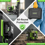 Huepar 2024 New Construction Laser Level 3x360 Self Leveling, 3D 12 Lines Bluetoothed Laser Level with Electric Rotating Base ＆ Large LCD Screen, 3 Planes Green Cross Lazer Leveler Tool W03CG