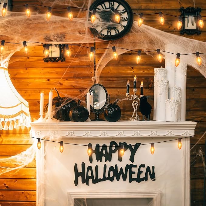 C9 Halloween Replacement Bulbs, 25 Pack Clear Orange Light Bulbs for E17 Candelabra Base Outdoor/Indoor String Lights, 7 Watt