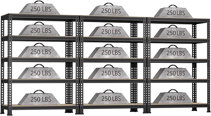 5-Shelf Heavy Duty Shelving - Adjustable Garage Storage Shelves, Metal Utility Storage Racks for Warehouse Pantry Basement Kitchen, Garage Organizers Shef Unit, Black, Packs of 3