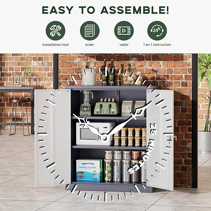 Greenvelly Metal Storage Cabinet, 36" Locking Storage Cabinet with Doors and Shelves, Lockable Storage Cabinets for Home Office, Utility Locker Cabinet, Steel Garage Cabinet with 2 Keys, White Grey