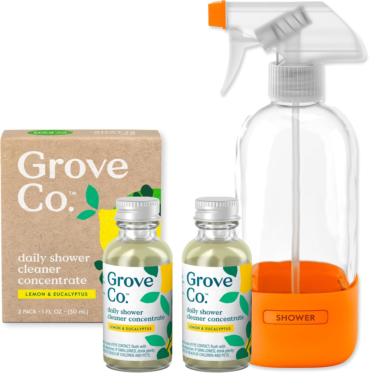 Grove Co. Daily Shower Cleaner, Refill Concentrate (2 x 1 Fl Oz) + 1 x Reusable Glass Spray Bottle (16 Oz), Plant-Based Cleaning Supplies, Reduced Plastic, Lemon & Eucalyptus Fragrance