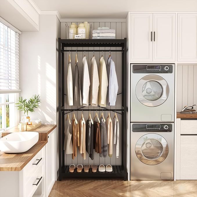 Homykic Bamboo Clothes Rack with Shelves and Double Hang Rods, Portable Closet System Garment Rack for Hanging Clothes, Tall Clothing Rack Corner Closet Organizer, Easy to Built, Freestanding, Black