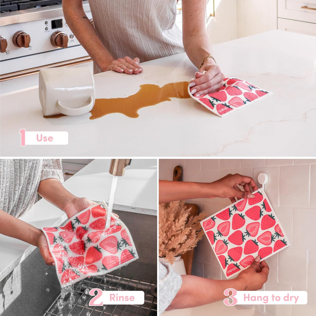 Papaya Reusable Paper Towels, Premium Swedish Dishcloths, Washable Reusable Dish Cloths, 1 Sheet Replaces 17 Rolls, Eco Friendly Stocking Stuffer - 4 Sheets, 2 Hooks