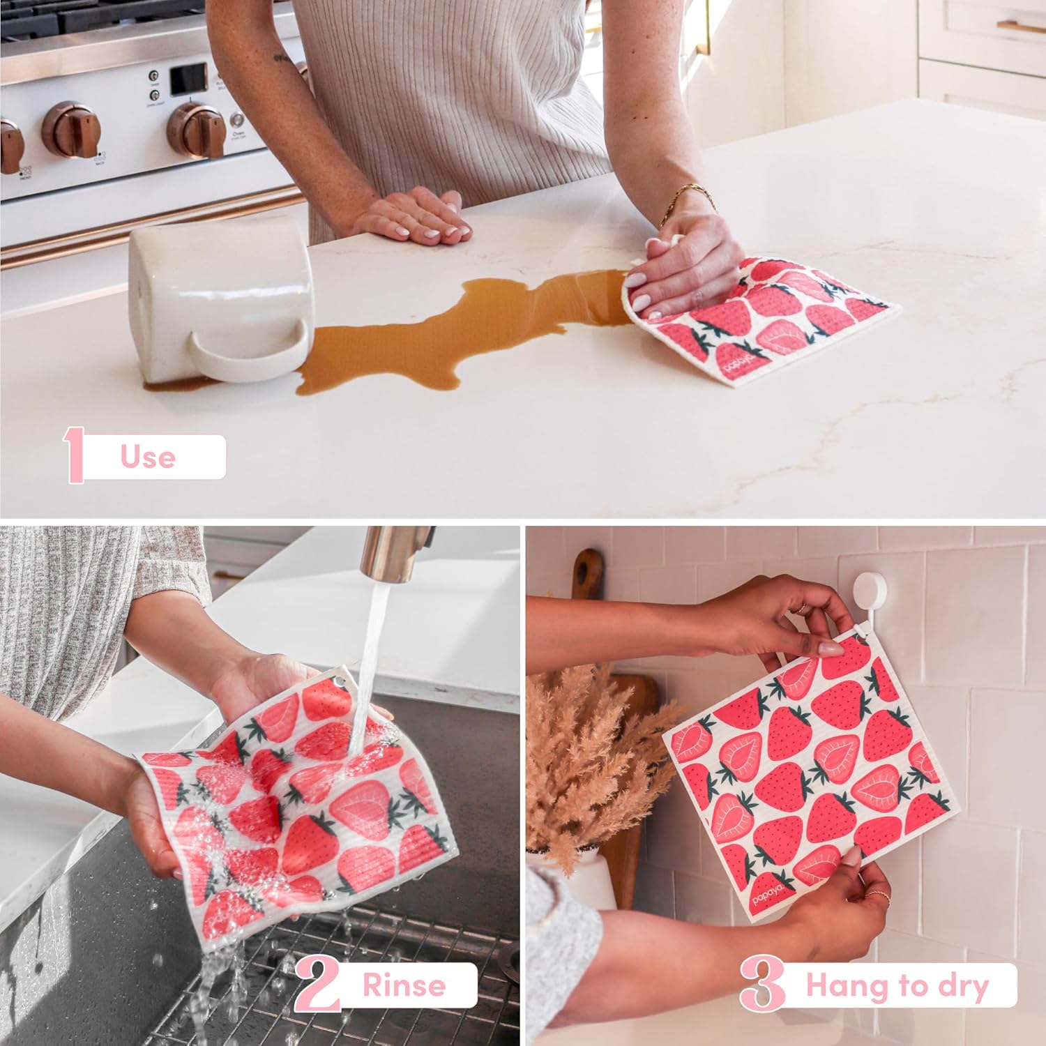 Papaya Reusable Paper Towels, Premium Swedish Dishcloths, Washable Reusable Dish Cloths, 1 Sheet Replaces 17 Rolls, Eco Friendly Stocking Stuffer - 4 Sheets, 2 Hooks