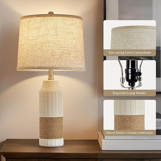 GyroVu Boho Rattan Table Lamps Set of 2, 3 Color Temperature Bedside Table Lamps for Night Stands, Vintage Farmhouse Rattan Table Lamp Antique for Decoration, Bedroom, Living Room, Bedside Table